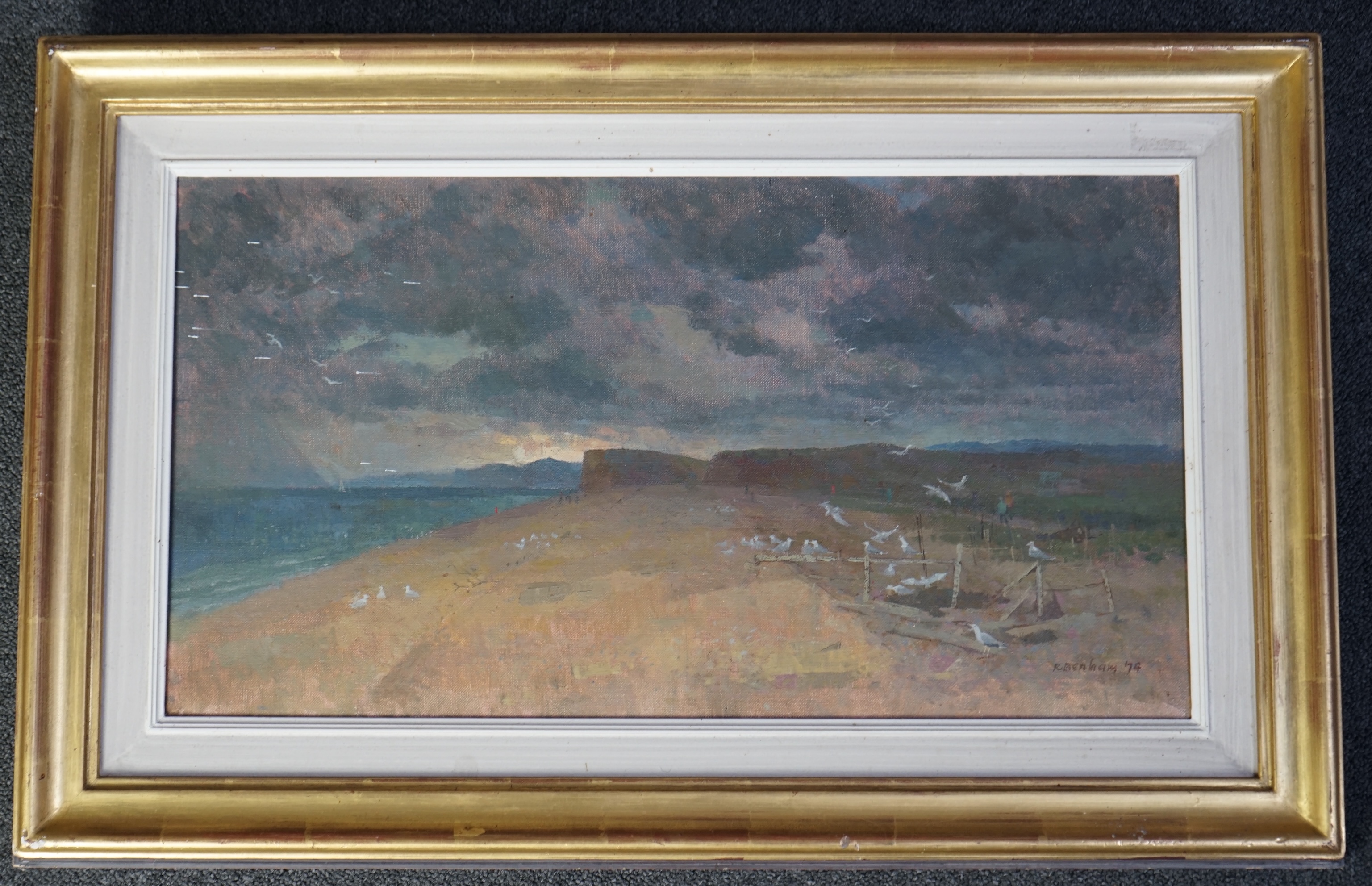 Ronald Benham RBA, NEAC (1915-1993), oil on canvas, End of the Chesil Bank, signed and dated '74, 30 x 55cm. Condition - fair to good
